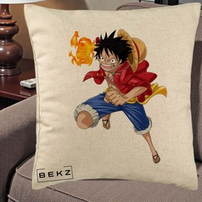 Perna Personalizata One Piece Luffy Gear Second Foc, 40x40 cm, Bej, Husa Detasabila, Perna Inclusa, BEKZ®