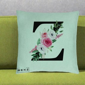 Cadou Personalizat - Perna Personalizata Monograma Florala Litera Z cu Buchet, 40x40 cm, Verde Menta, Husa Detasabila, Perna Inclusa, BEKZ®