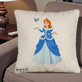 Perna Personalizata Printesa Albastra cu Pasare, 40x40 cm, Bej Canapea, Husa Detasabila, Perna Inclusa, BEKZ®