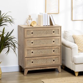 HOMCOM Comodă cu 4 Sertare Stil Boho din Ratan 80x35x95 cm Lemn Natural | Aosom Romania