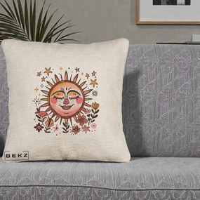 Perna Decorativa Soare Retro Boho Floral, 40x40 cm, Bej Canapea, Husa Detasabila, Perna Inclusa, BEKZ®