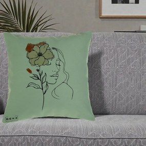 Perna Decorativa Portret Feminin Floare Bej Terracotta, 40x40 cm, Verde, Husa Detasabila, Perna Inclusa, BEKZ®