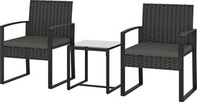 Outsunny Set bistro din rattan, set mobilier de grădină 3 piese cu 2 scaune, masă de cafea, perne detașabile, gri închis | Aosom Romania