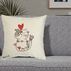 Perna Decorativa Pisica Kawaii cu Inimi, 40x40 cm, Ecru, Husa Detasabila, Perna Inclusa, BEKZ®