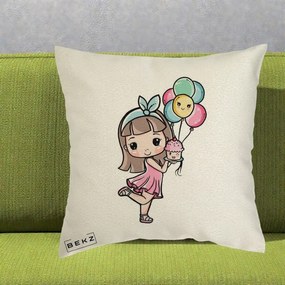 Perna Decorativa Fetita Kawaii cu Baloane si Cupcake, 40x40 cm, Ecru, Husa Detasabila, Perna Inclusa, BEKZ®