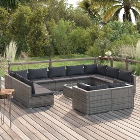 Set mobilier de gradina cu perne, 12 piese,gri, poliratan gri si antracit, 4x colt + 7x mijloc + masa, 1