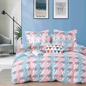 Lenjerie de pat cu 2 fete, tesatura tip finet, pat 1 persoana, 4 piese, albastru / roz, FNJ1-132