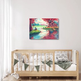 Tablou pe sticlă - Acuarelă, Golf într-un sat de munte (70x50 cm)