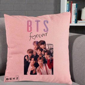 Perna Personalizata K-pop BTS Forever cu Foto Grup Negru, 40x40 cm, Roz, Husa Detasabila, Perna Inclusa, BEKZ®