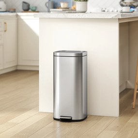 Coș de Gunoi HOMCOM de 30L cu Închidere Amortizată și Găleată Detașabilă, Pedală din Metal și PP, 29x36x59,5 cm, Argintiu | Aosom Romania