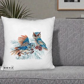 Perna Decorativa Bufnite de Iarna Albastre, 40x40 cm, Alb Pufos, Husa Detasabila, Perna Inclusa, BEKZ®