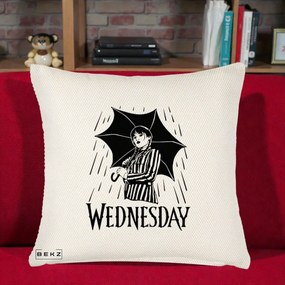 Perna Personalizata Wednesday cu Umbrela Ploaie Lineart, 40x40 cm, Crem Reliefat, Husa Detasabila, Perna Inclusa, BEKZ®