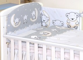Set lenjerie din bumbac cu protectie laterala pentru pat bebe 120 x 60 cm, Ursulet pe luna Gri, Amy