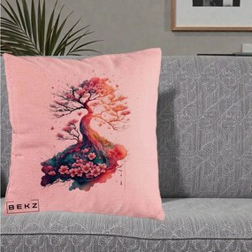 Perna Decorativa Copac Sakura Acuarela Fantasy, 40x40 cm, Roz, Husa Detasabila, Perna Inclusa, BEKZ®
