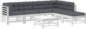 vidaXL Set mobilier de grădină cu perne, 7 piese, alb, lemn masiv