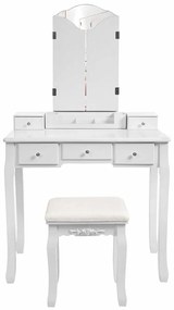 Set Barbara, Masă de toaletă cu 3 oglinzi, 5 sertare, organizator, scaun, Alb,