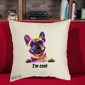 Perna Personalizata Bulldog Francez I'm Cool, 40x40 cm, Ecru, Husa Detasabila, Perna Inclusa, BEKZ®
