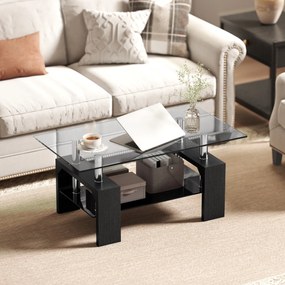 HOMCOM Măsuță de Cafea Modernă cu 2 Nivele din Lemn și Oțel cu Blat din Sticlă Temperată, 90x50x42 cm, Negru | Aosom Romania