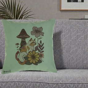 Perna Decorativa Pisica Vintage Florala Boho, 40x40 cm, Verde, Husa Detasabila, Perna Inclusa, BEKZ®