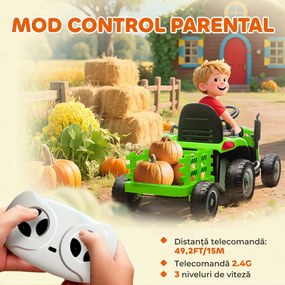 AIYAPLAY Tractor Electric 2 în 1 pentru Copii 3-8 Ani 12V cu Remorcă Detașabilă, Mașină Electrică pentru Copii cu Telecomandă, Centură de Siguranță, Muzică, Lumini LED și Claxon, Verde | Aosom Romania