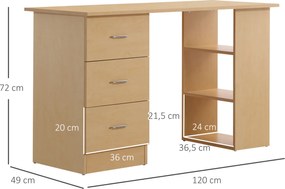 Homcom Birou modern cu 3 Sertare si Rafturi in Lemn Natural 120x49x72cm