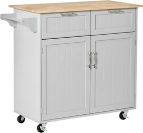 HOMCOM Insulă de Bucătărie cu Blat de Lucru din Lemn de Cauciuc, Roți, 2 Sertare, Dulăpior și Rafturi, 104x46x91 cm, Gri | Aosom Romania