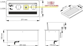 Priza incorporabila in blat Inbox Design Light, 2 prize Schuko, USB A + C, HDMI, RJ45, negru, 271 x 136 mm Otel Aluminiu, Negru, L:271 mm; l:136 mm;