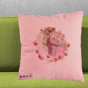 Perna Decorativa Femeie cu Flori Roz Acuarela, 40x40 cm, Roz, Husa Detasabila, Perna Inclusa, BEKZ®