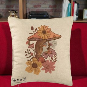Perna Decorativa Fata Ciuperca Florala Boho, 40x40 cm, Bej, Husa Detasabila, Perna Inclusa, BEKZ®