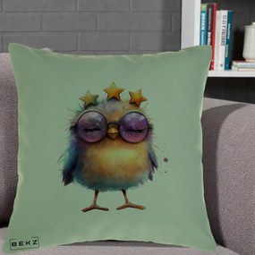 Perna Decorativa Pui Pop Star cu Ochelari Stele Violet, 40x40 cm, Verde, Husa Detasabila, Perna Inclusa, BEKZ®