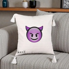 Perna Decorativa Emoji Diavol Mov, 40x40 cm, Bej cu Franjuri, Husa Detasabila, Perna Inclusa, BEKZ®