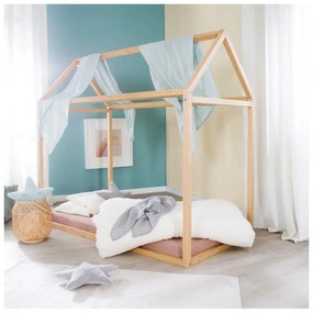 Pat pentru copii în culoare naturală de tip casă 70x140 cm Montessori – Roba