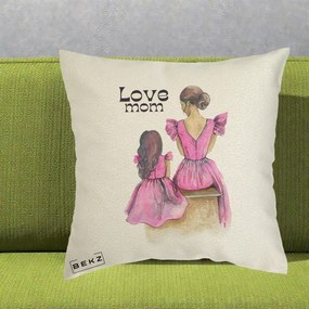Cadou pentru Mama - Perna Personalizata Love Mom Rochii Roz, 40x40 cm, Ecru, Husa Detasabila, Perna Inclusa, BEKZ®