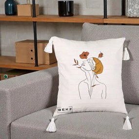 Perna Decorativa Portret Feminin Mac Privire Inalta, 40x40 cm, Bej cu Franjuri, Husa Detasabila, Perna Inclusa, BEKZ®