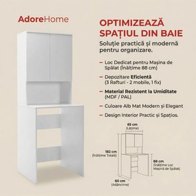 Dulap Baie Adore cu Loc Pentru Masina de Spalat, 3 Rafturi, 2 Usi, Alb, 65 x 182 x 60 cm