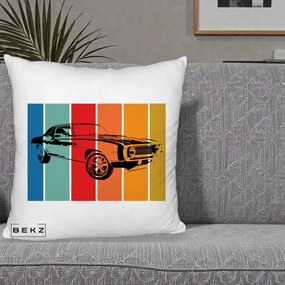 Perna Personalizata Masina Retro Muscle Car Grafic, 40x40 cm, Alb Pufos, Husa Detasabila, Perna Inclusa, BEKZ®