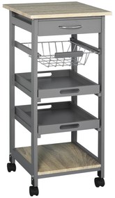HOMCOM Servitoră de bucătărie pe roți cu panier + 2 tăvi detașabile, sertar, raft in lemn stejar deschis | Aosom Romania