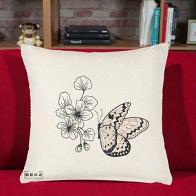 Perna Decorativa Fluture si Flori Linie Monocroma, 40x40 cm, Crem Reliefat, Husa Detasabila, Perna Inclusa, BEKZ®