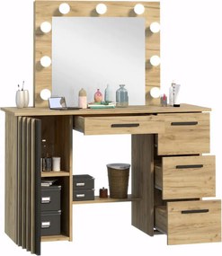 Masuta machiaj culoarea Stejar, cu Oglinda LED si 4 Sertare pentru Cosmetice, Set Masa toaleta 120 cm, Stejar, masuta vanity cu Riflaj, cosmetica -