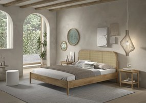 Pat dublu OLIVE, 180 x 200 cm, cu tăblie rotunjită din rattan și aspect lemn de stejar, design modern, fără somieră inclusă, cu noptieră cu două