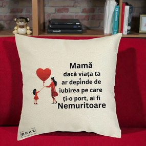 Cadou pentru Mama - Perna Personalizata Mama Nemuritoare cu Bebelus Kawaii, 40x40 cm, Ecru, Husa Detasabila, Perna Inclusa, BEKZ®