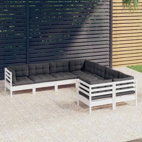 3096972 vidaXL Set mobilier de grădină cu perne, 8 piese, alb, lemn masiv pin