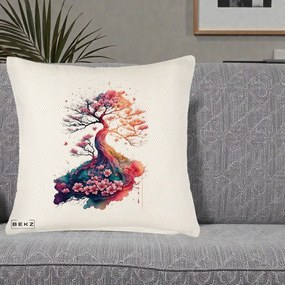 Perna Decorativa Copac Sakura Acuarela Fantasy, 40x40 cm, Crem Reliefat, Husa Detasabila, Perna Inclusa, BEKZ®