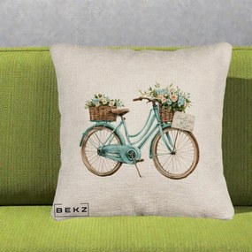 Perna Decorativa Bicicleta Teal cu Cosuri Duble de Flori Vintage, 40x40 cm, Bej Canapea, Husa Detasabila, Perna Inclusa, BEKZ®