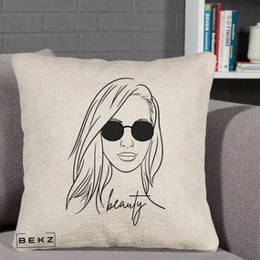 Perna Decorativa Beauty Girl Line Art, 40x40 cm, Bej Canapea, Husa Detasabila, Perna Inclusa, BEKZ®