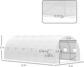 Outsunny Seră tip tunel 6x3x2 m Seră de grădină cu ușă rulabilă 12 ferestre Învelitoare PE 140 g/m² și metal galvanizat pentru culturi plante legume Alb | Aosom Romania
