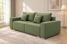 Canapea extensibilă Tessa din stofă, verde salvie, cu ladă de depozitare