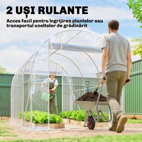 Outsunny Seră de Grădină Tip Tunel 2x3x2 m cu 2 Uși Rulabile, Seră pentru Legume, Flori și Fructe, cu 4 Bare Diagonale, Cadru din Oțel și Acoperiș PE, Transparentă | Aosom Romania