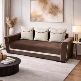 Canapea LILI extensibila, 3 locuri, cu lada de depozitare, catifea maro + crem , 220x95x80 Maro + Crem, Catifea