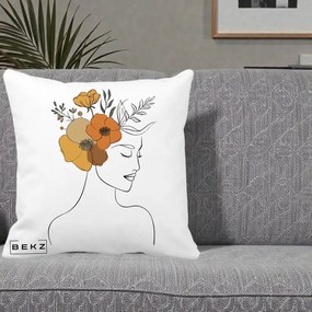 Perna Decorativa Portret Feminin Flori Galbene-Portocalii, 40x40 cm, Alba Mata, Husa Detasabila, Perna Inclusa, BEKZ®